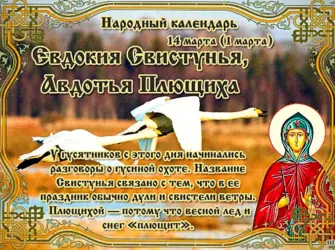 14 Марта Евдокия свистунья Авдотья Плющиха. Открытка, картинка с поздравлением, с праздником