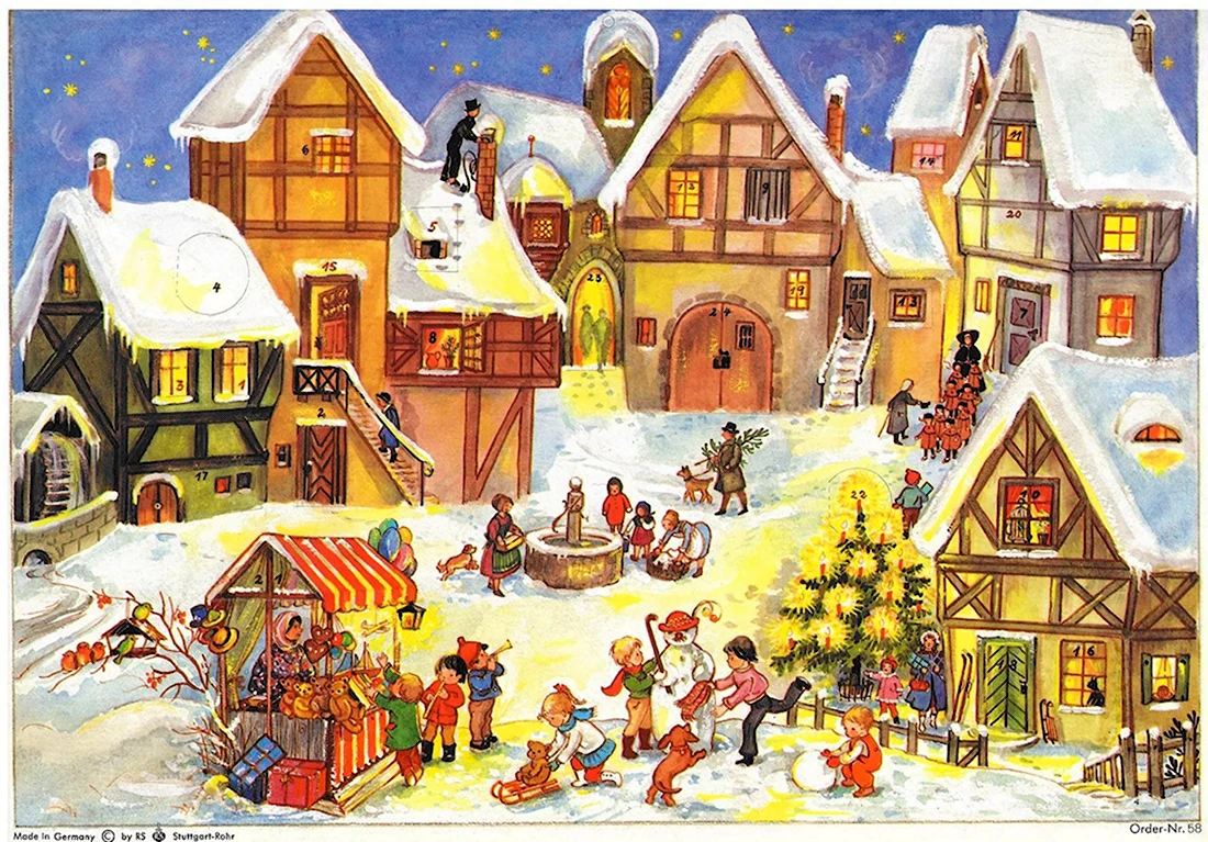 Адвент календарь Рождественская деревня открытка