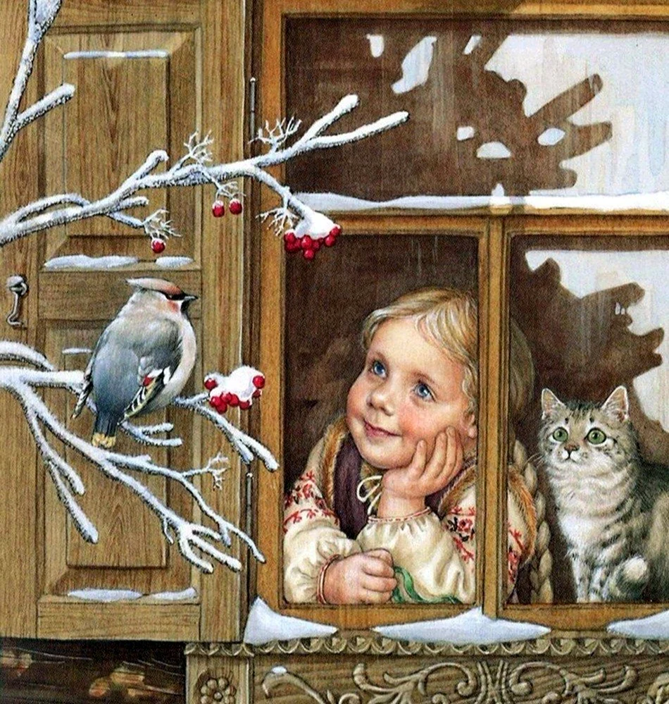 Картина девочка и Снегири открытка