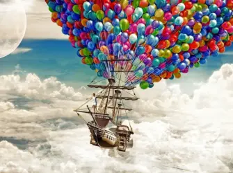Корабль на воздушных шариках. Открытка, картинка с поздравлением, с праздником