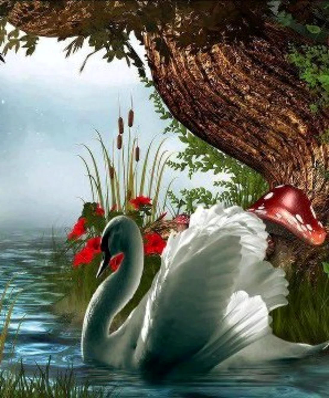 Красивая природа с лебедями открытка