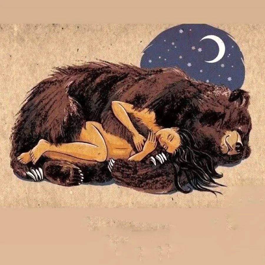 Медведь обнимает девушку. Открытка для мужчины