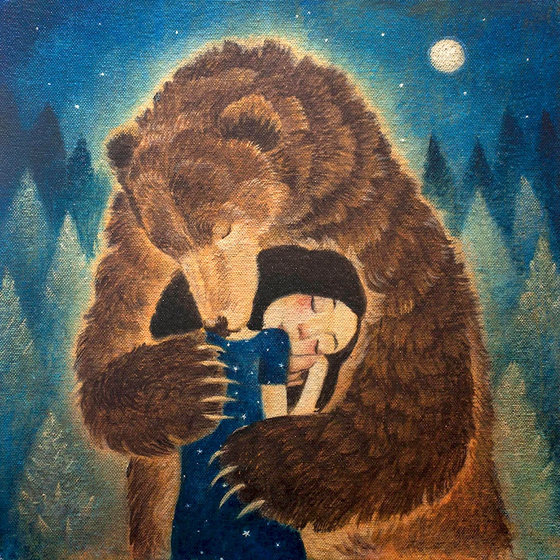 Медведь обнимает девушку. Открытка для мужчины