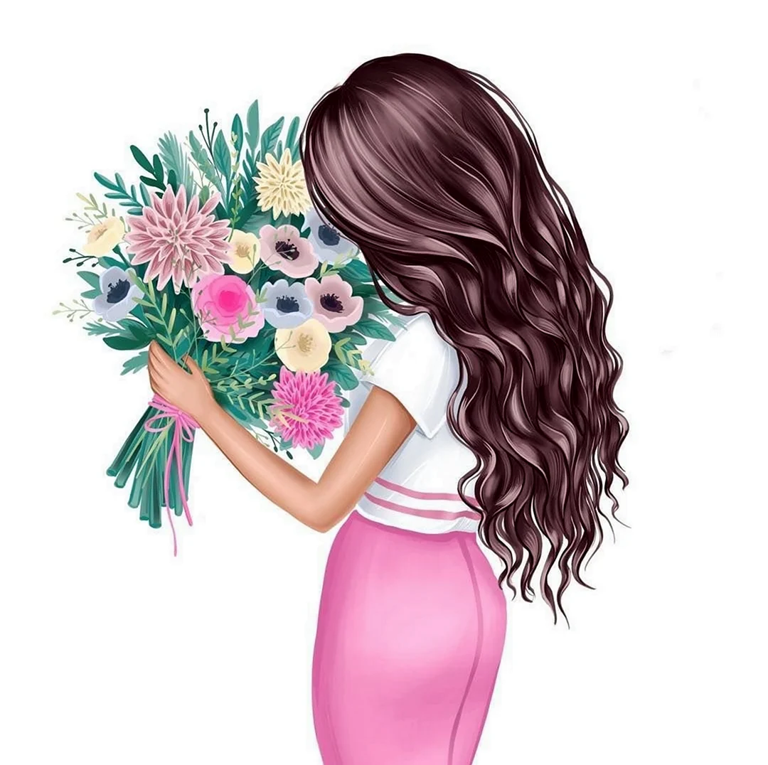 Нарисованная девушка с цветами. Открытка, картинка с поздравлением, с праздником