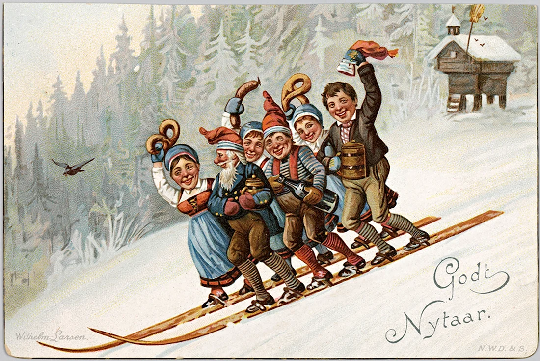 Новогодняя открытка с лыжами открытка