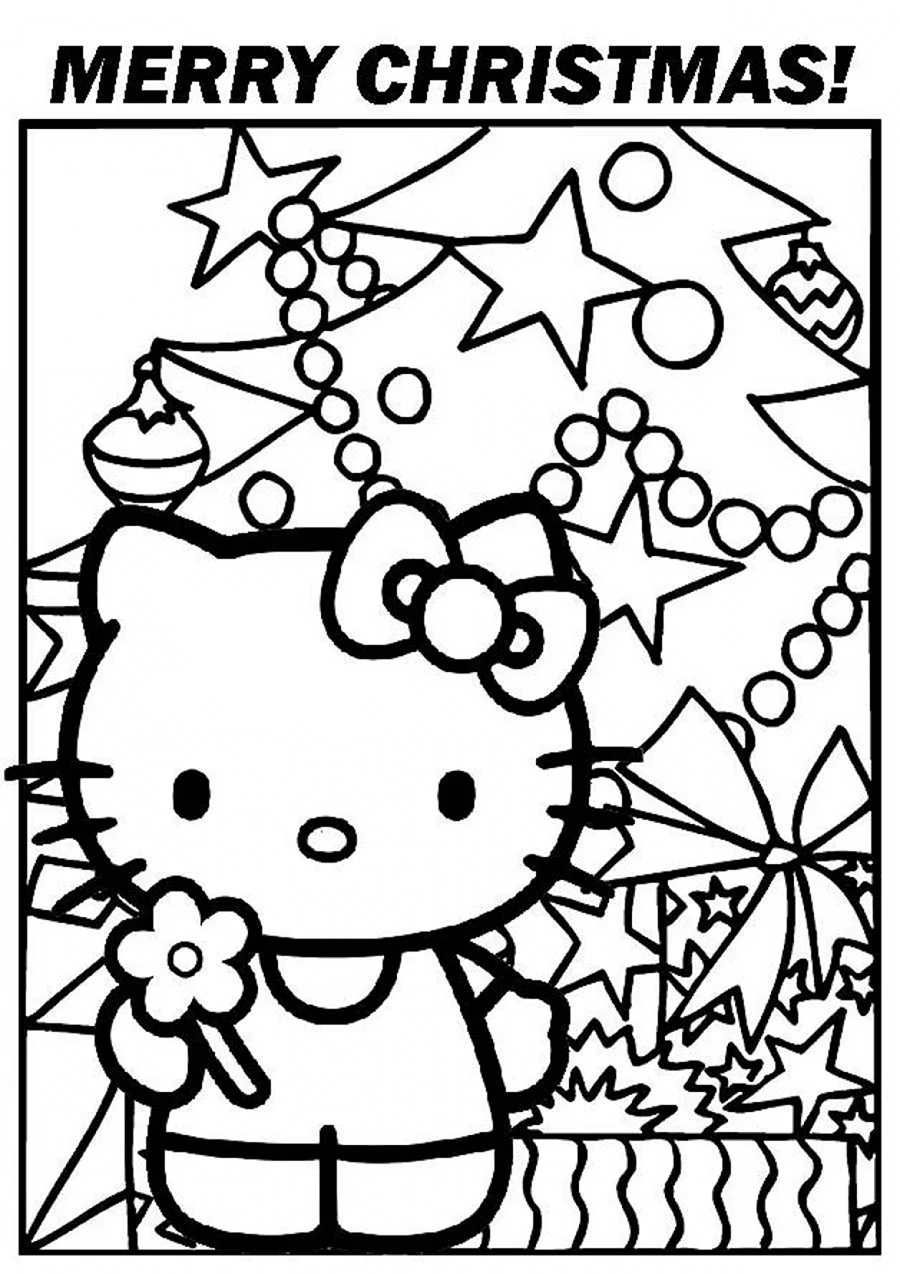 Новогодняя раскраска хелоуу Кити. Открытка для мужчины