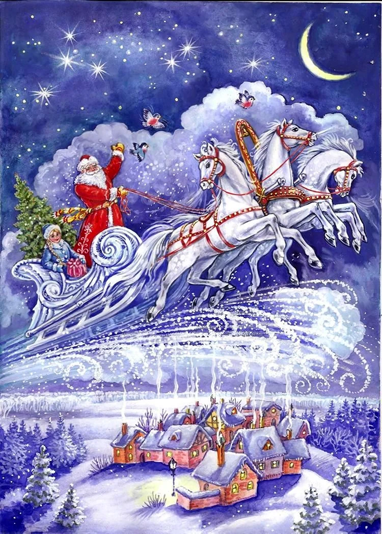 Новогодние открытки с тройкой лошадей открытка