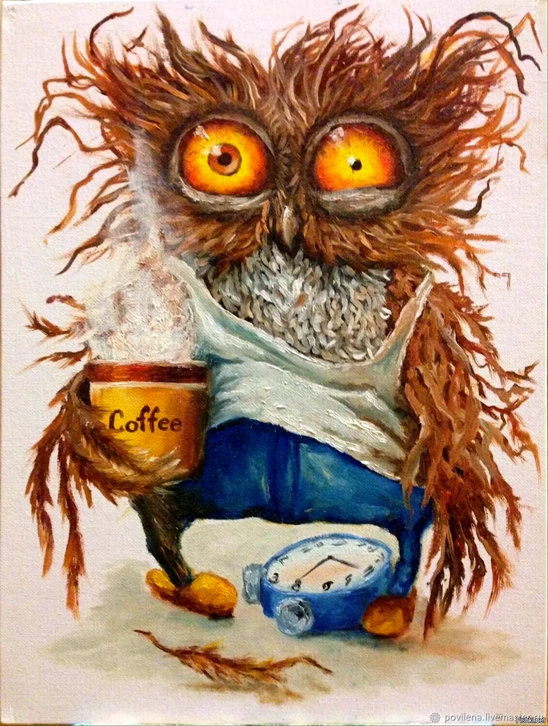 Сонная Сова с кофе открытка