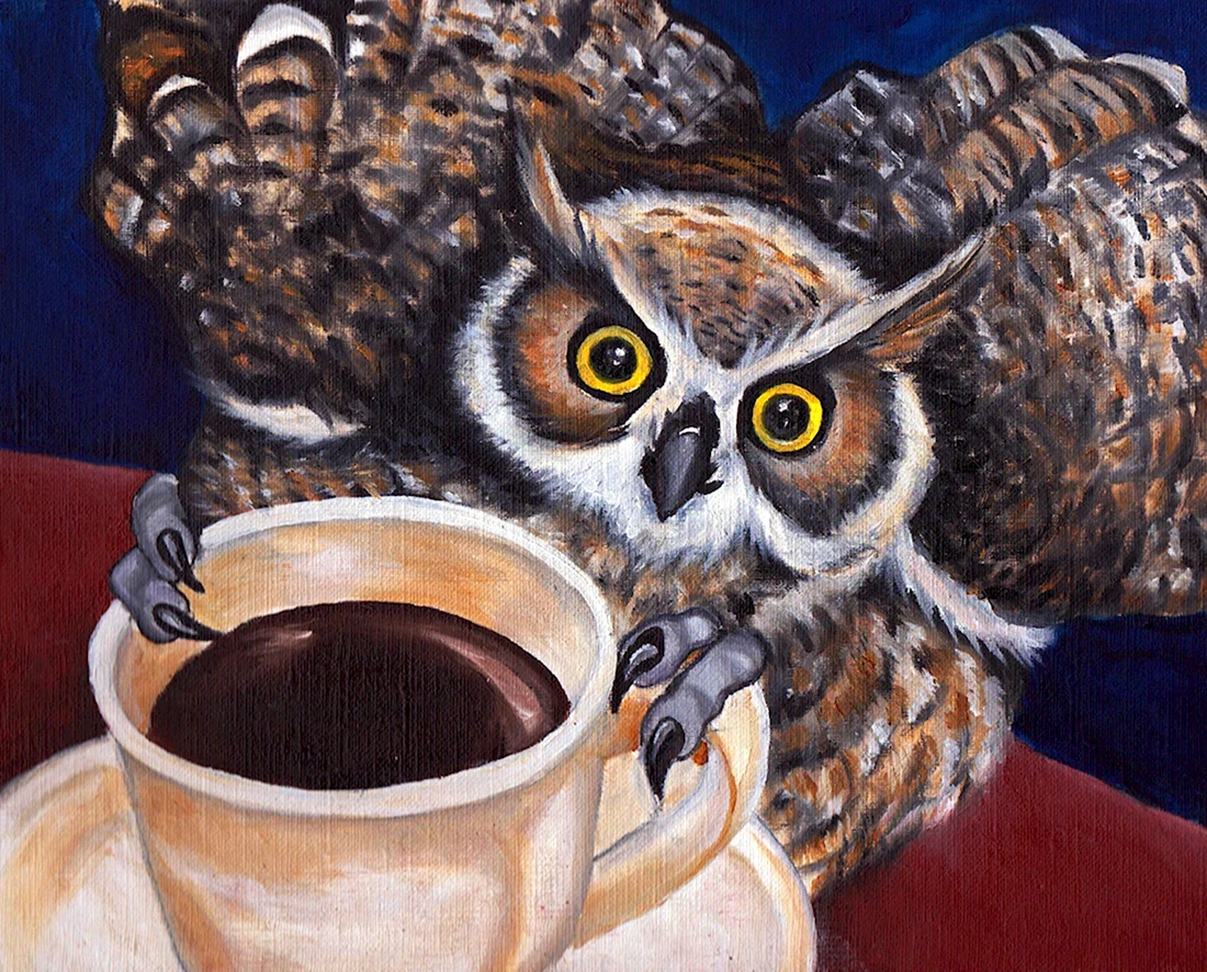 Сова пьет кофе открытка