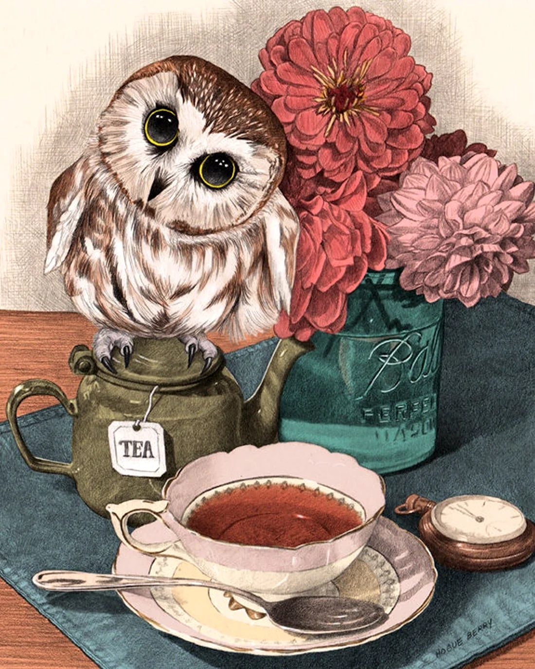 Сова с чаем открытка