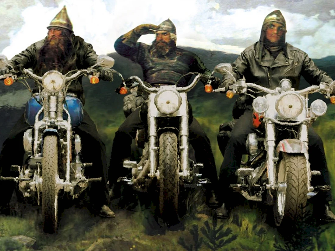 Три богатыря Васнецов на мотоциклах открытка