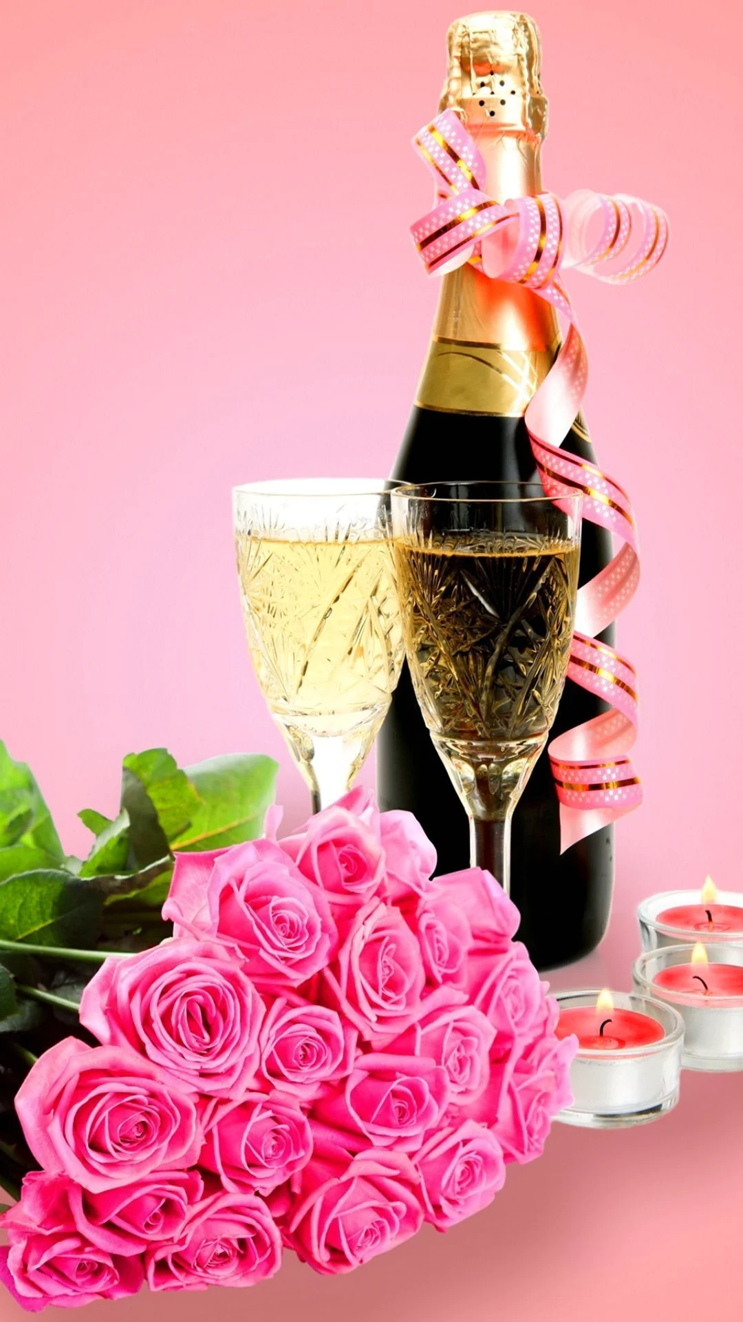 Цветы и шампанское открытка