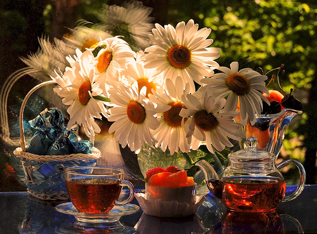 Вечерний чай цветы открытка