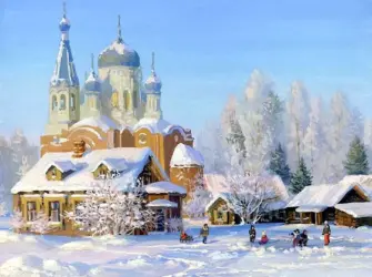 Владимир Жданов зима картины Церковь. Открытка, картинка с поздравлением, с праздником