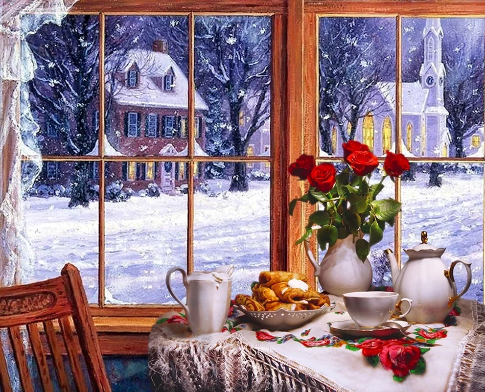 Зима за окном открытка
