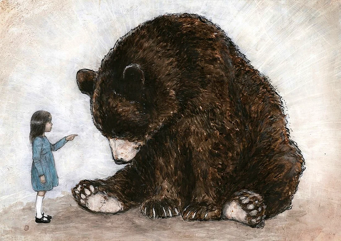 Злой медведь и девочка. Открытка для мужчины