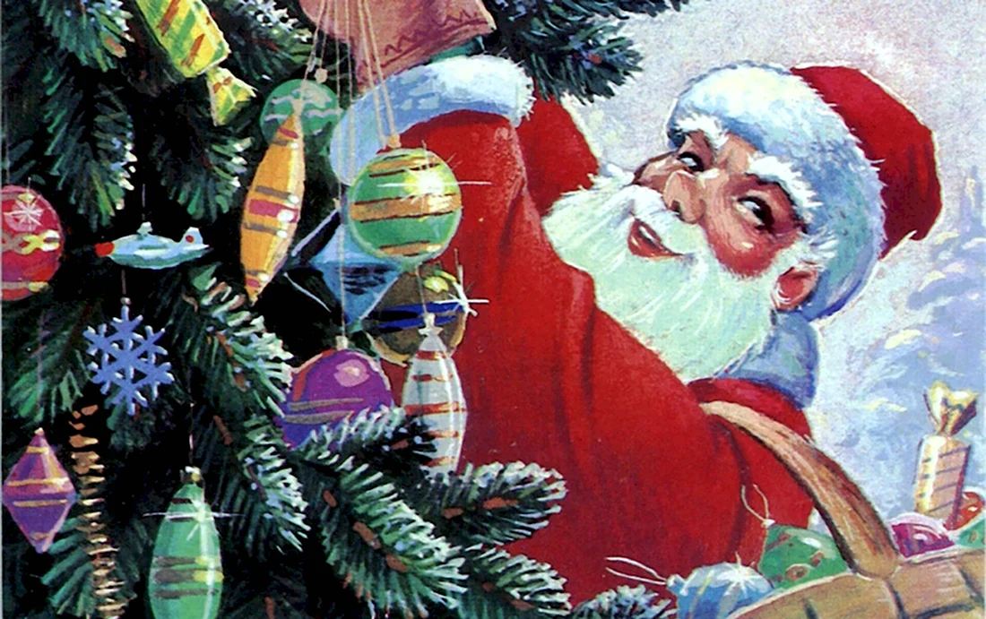 Дед Мороз наряжает елку. Открытка с поздравлением