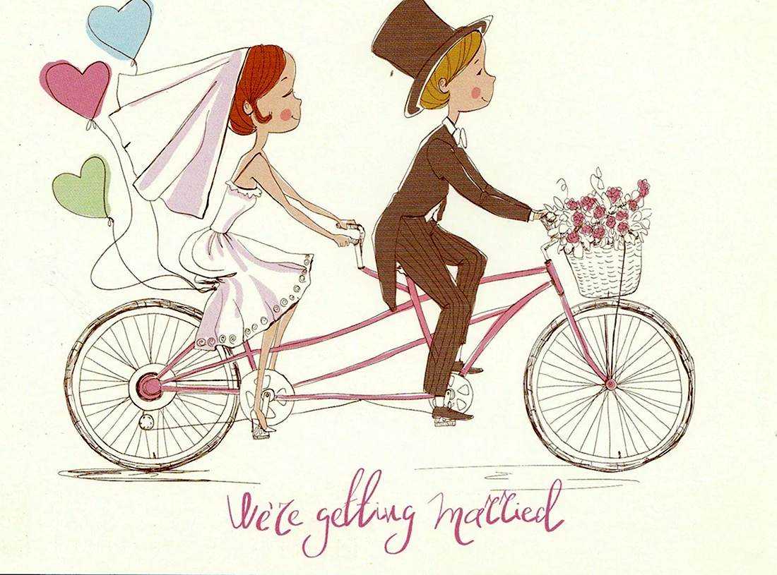 Жених и невеста на велосипеде. Свадебная открытка